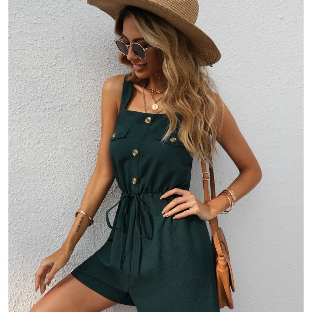 🤞 NEW!!  Size 4 Button Down Cami Romper in Dark Green - Picture 3 of 4